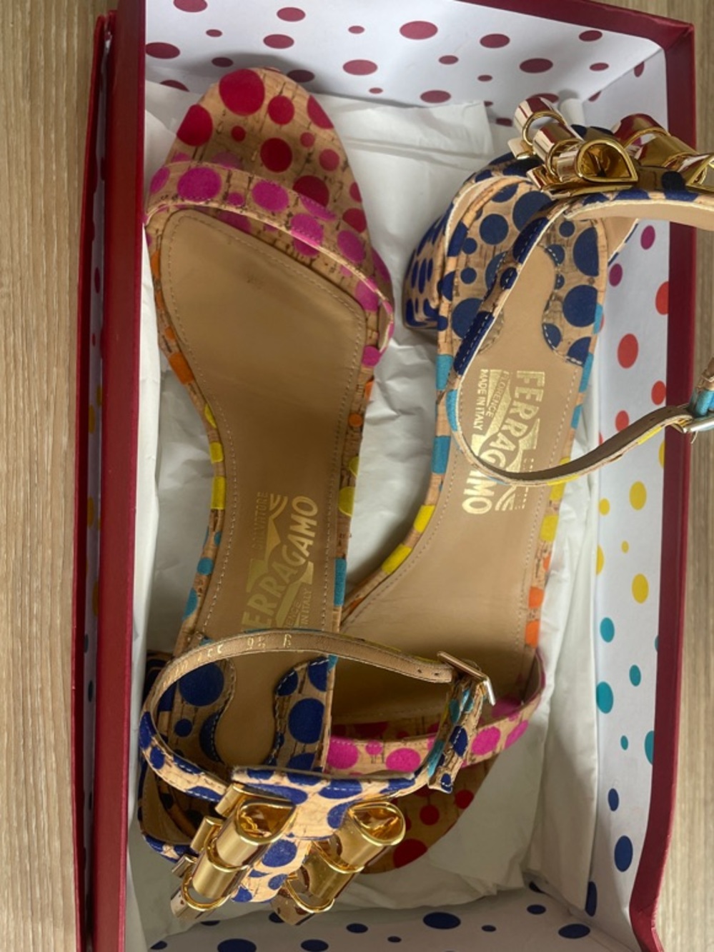 Salvatore Ferragamo Multicolor Polka Dot Ankle-Strap Heels